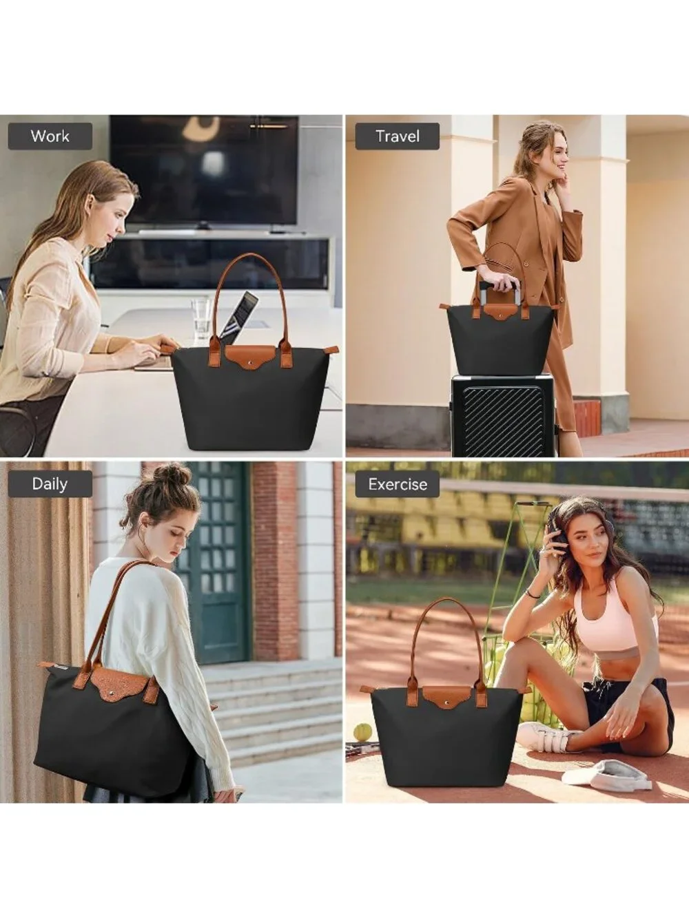👜Women's Black Nylon Tote Bag Large Capacity Shoulder Hobo Handbag With Zipper